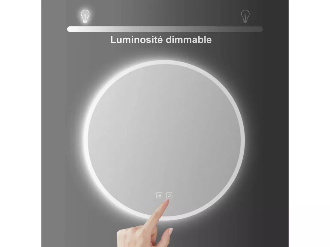 Miroir de Salle de Bain avec Anti-buée + 3 couleurs LED avec lumière et luminosité réglables Rond double interrupteur tactile ∅80cm