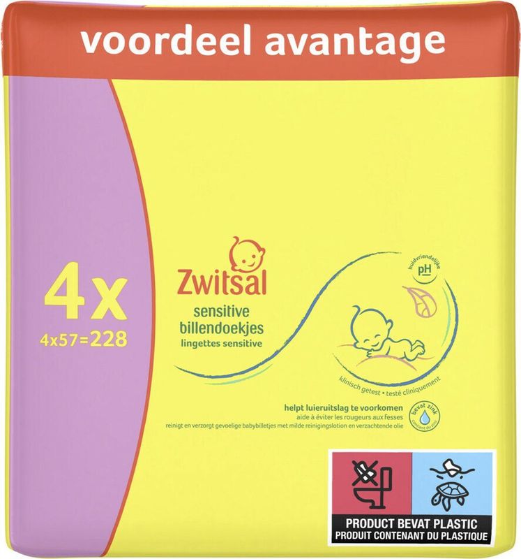 Zwitsal - Sensitive Billendoekjes - 57 doekjes per pak - 4 pakken