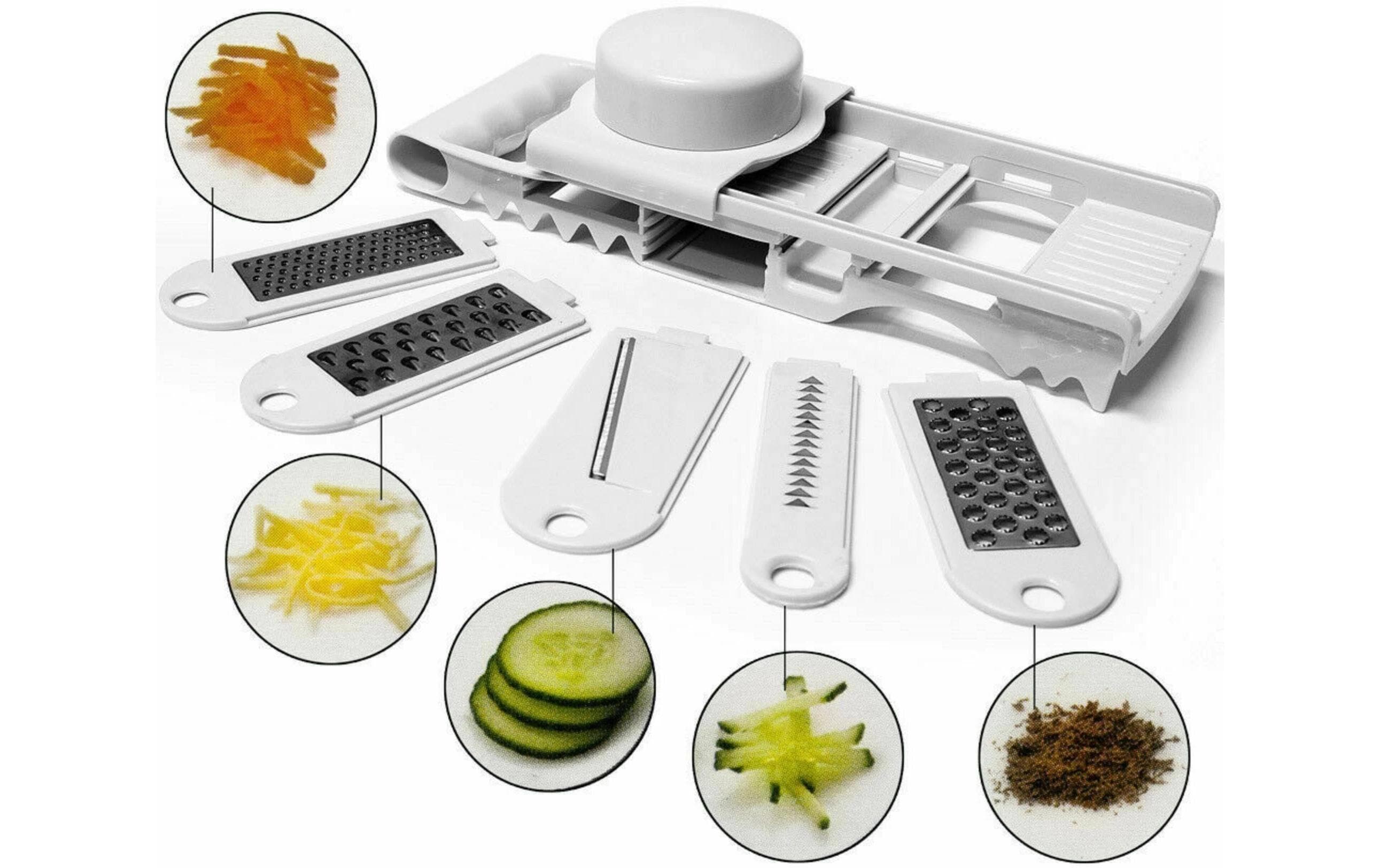Multifunktionsreibe WeissMultifunktionale Küchenreibe mit 5 Einsätzen und Edelstahlmessern