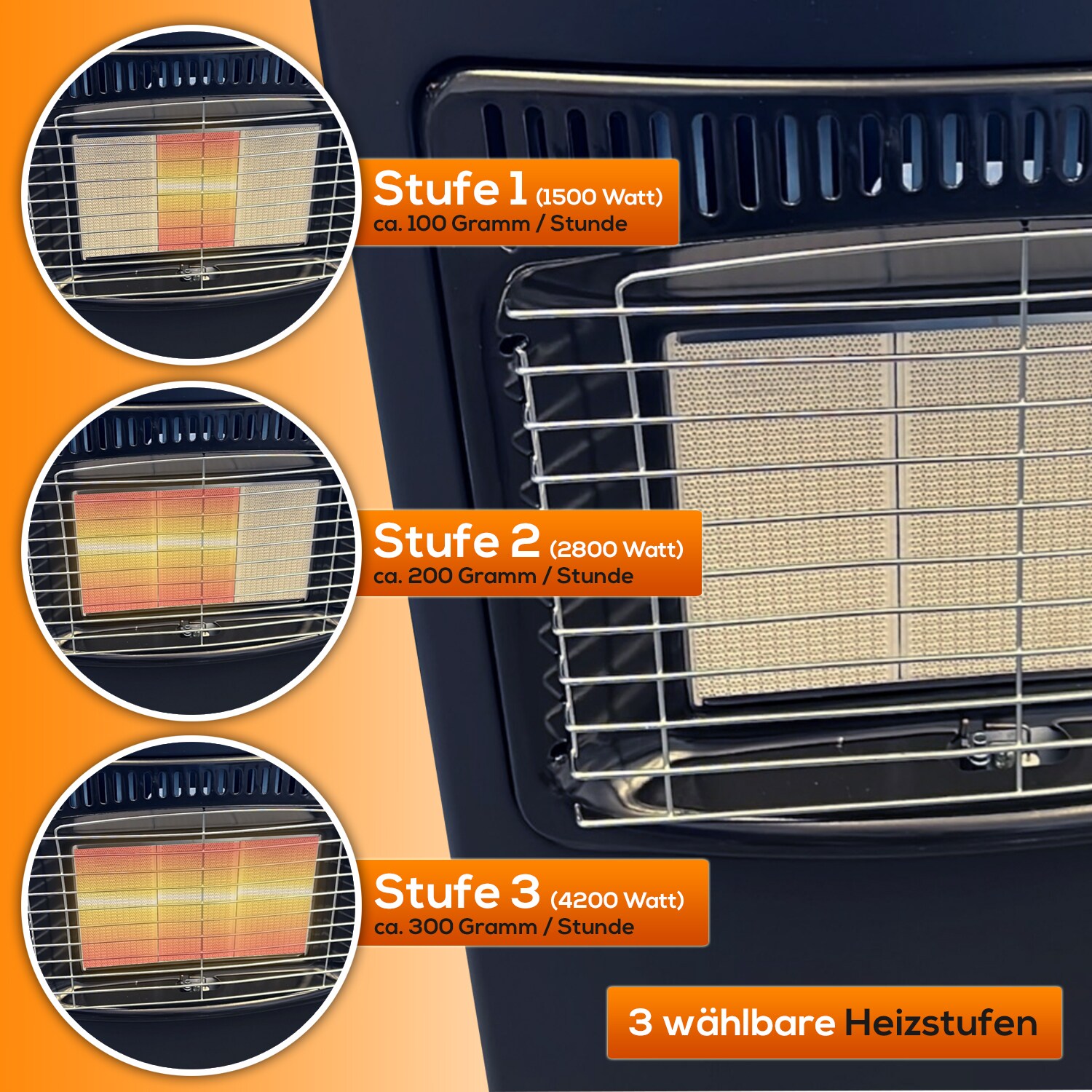 TroniTechnik® Gasheizer Gasheizofen Heizstrahler 4,2 kW Gas Heizung inkl. Gasdruckregler & Gasschlauch 3 Heizstufen 4200W