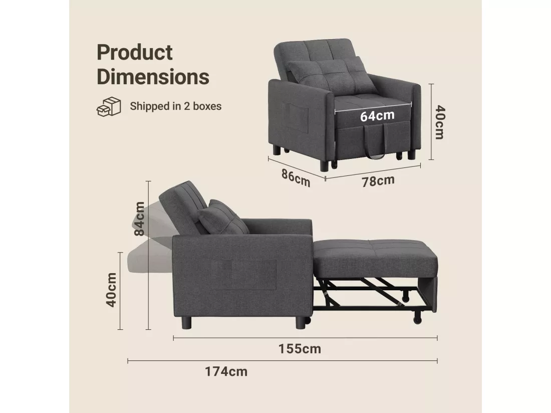 Fauteuil Convertible, Canapé Lit 1 Place Fauteuil Chaise Longue Coussin Réglable Rangement Roues Pliante AR21-D