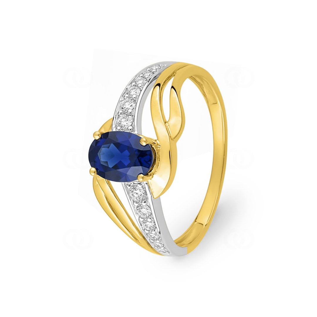 Damenring 750/18 K Gelbgold mit Saphir oval und Zirkonia