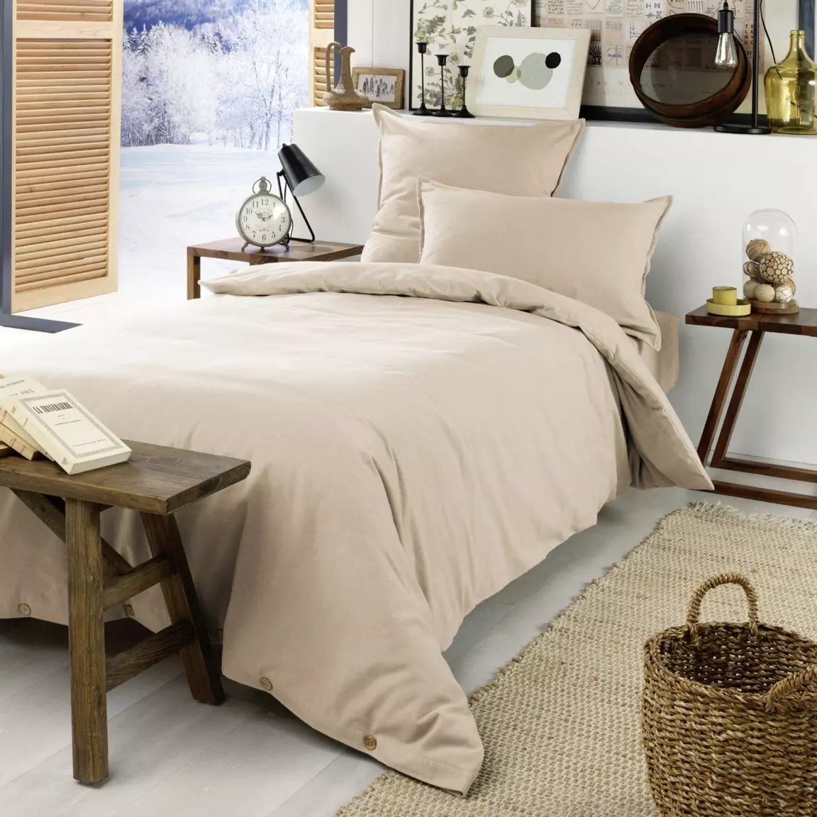 Housse de couette flanelle de coton (140 x 200 cm) Théa Beige
