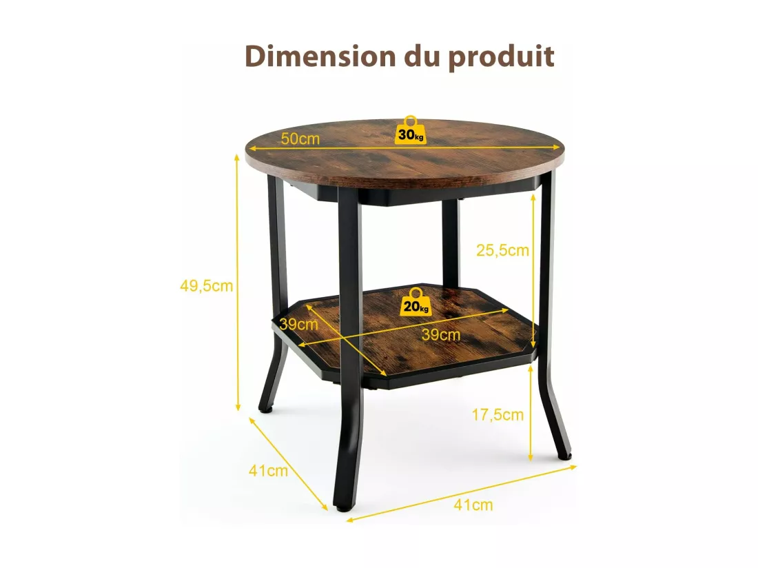 Table d'Appoint Ronde, Table Basse avec Coussinets de Pied Réglables, Table de Chevet à 2 Niveaux avec Structure Métallique Stable, Style Industriel, Bout de Canapé pour Salon, Chambre, Bureau