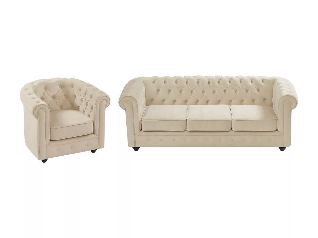 Canapé 3 places et fauteuil en velours beige CHESTERFIELD
