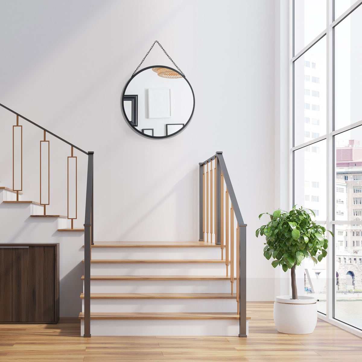 HOMCOM Wandspiegel, make-upspiegel, Ø 50 cm, ronde spiegel, woonkamerspiegel met decoratieve ophangbevestigingen voor slaapkamer, eetkamer, hal, zwart, metaal, glas