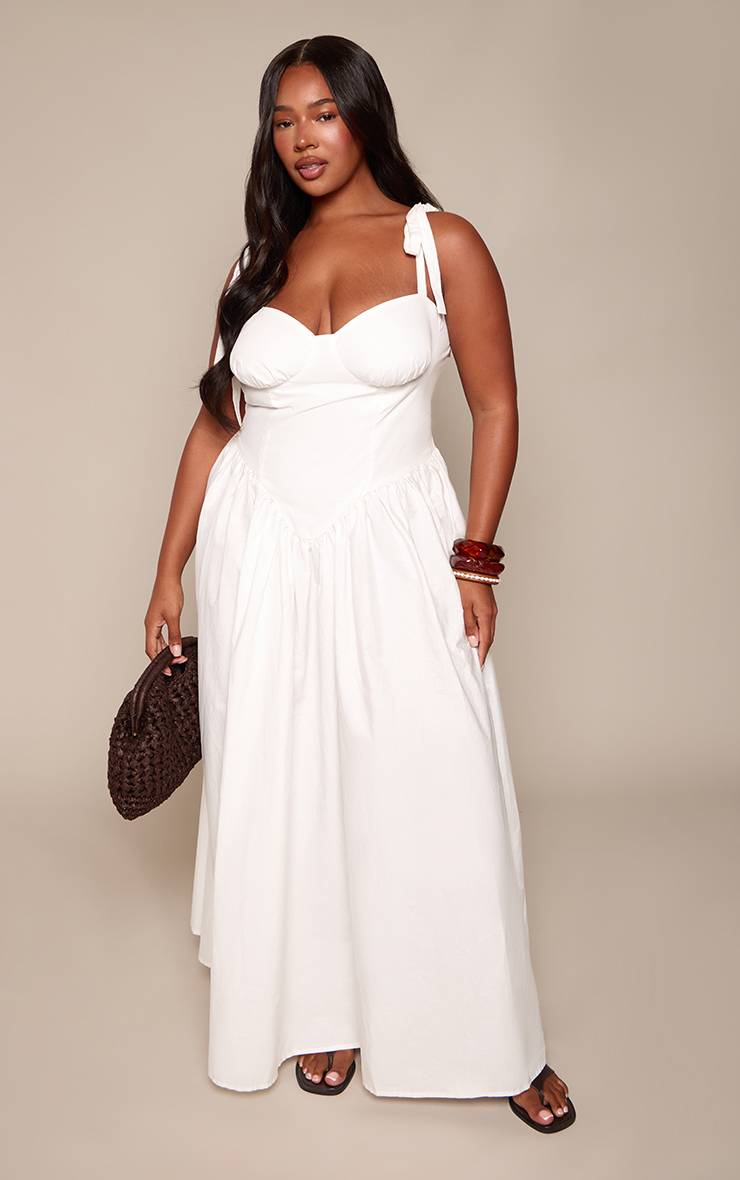 Blanc Robe Longue Droite Grande Taille Vert Sauge À Bretelles Nouées Et Taille Cintrée