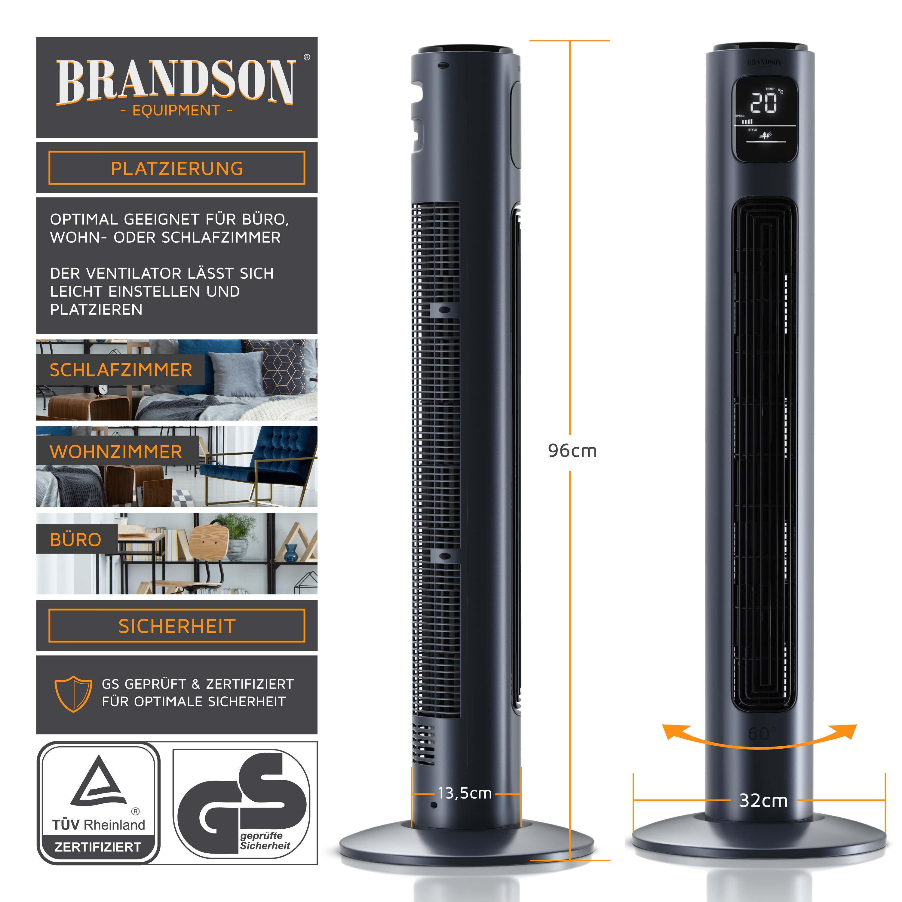 Brandson Turmventilator, 60° oszillierend, Standventilator, GS, mobiler Lüfter, Säulenventilator inkl. Fernbedienung, 96 cm, Ventilator