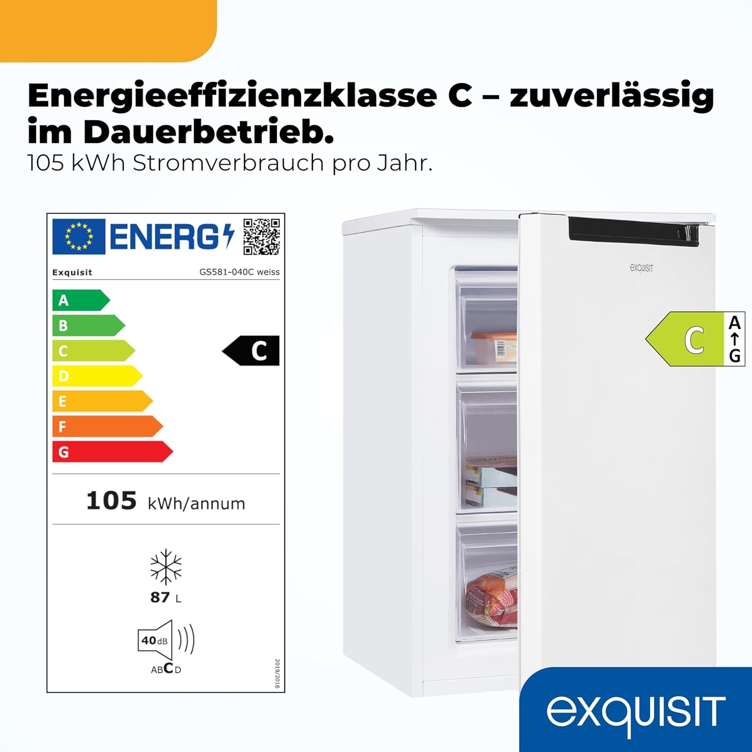 Exquisit Gefrierschrank | 87 l Nutzinhalt, 85,5 cm Höhe, Energieklasse C, 40 dB(A) | 4-Sterne-Gefrieren, manuelle Temperaturregelung, manuelles Abtauen, wechselbarer Türanschlag | GS581-040Cweiss