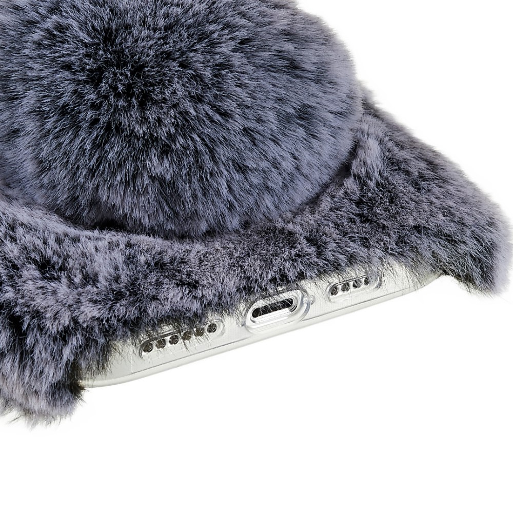 iPhone 14 Pro 3D Gummi Plüsch Case Hülle Bunny mit Flauschigen Hasenohren - Grau