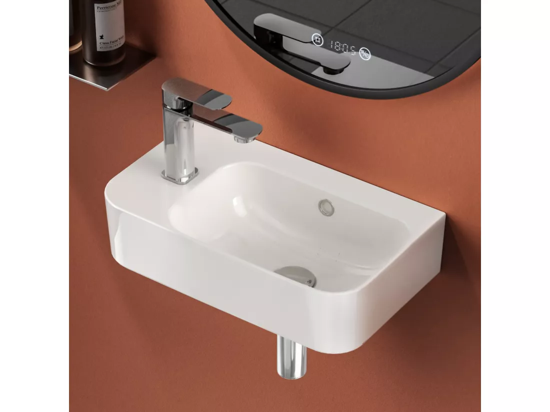 EMKE Lavabo Mural de Salle de Bain 450 x 265 x 156 mm, Vasque Rectangulaire en Céramique, Trou pour Robinet à Droite, Blanc Brillant