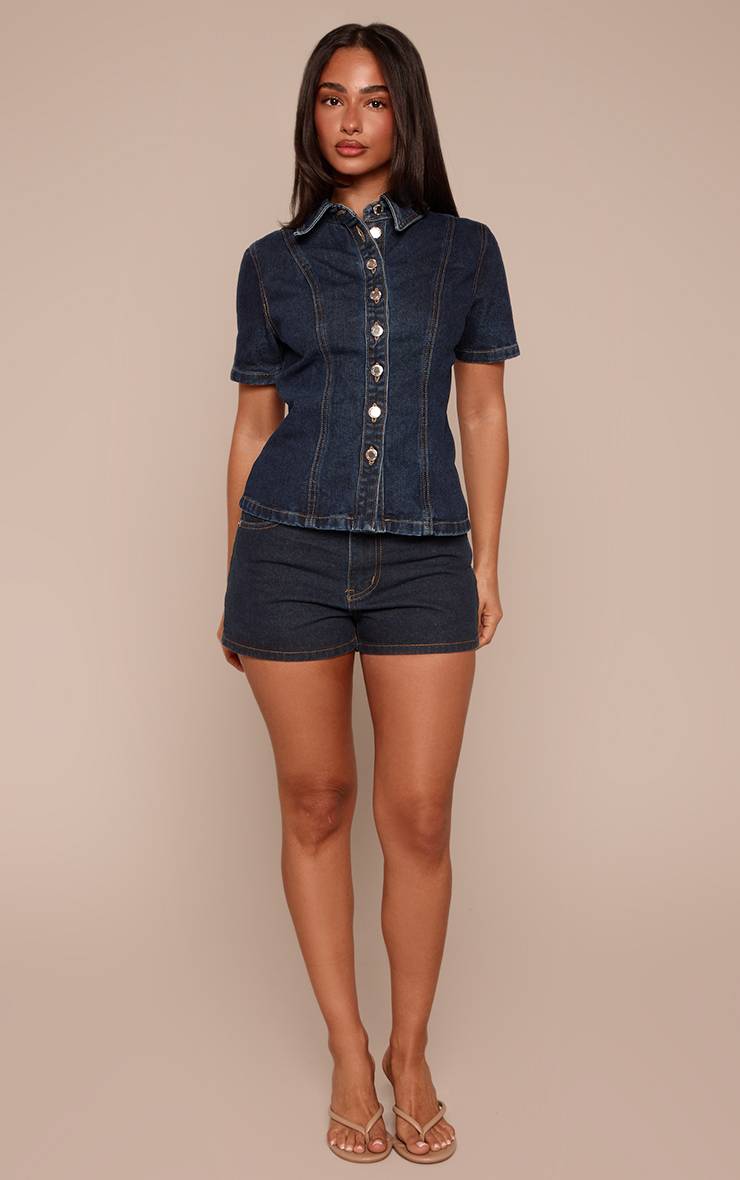 Bleu Indigo Chemise En Denim À Manches Courtes Boutonnée Petite Taille