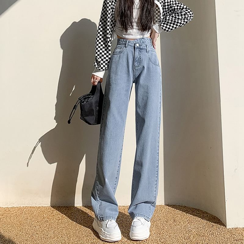 Baoinie - High Rise Asymmetrische Washed Straight Leg Jeans