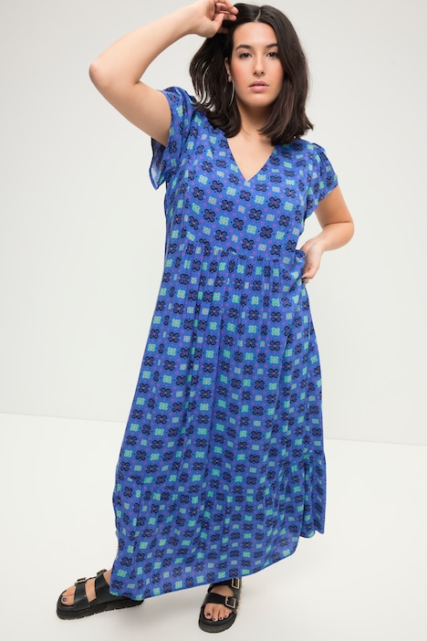 Maxikleid, A-Line, Alloverprint, V-Ausschnitt, Flügel-Halbarm