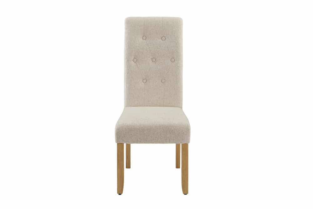 Design Stuhl CASA beige Bouclé Tweed Soft Massivholzbeine Zierknöpfe und Nackenrolle