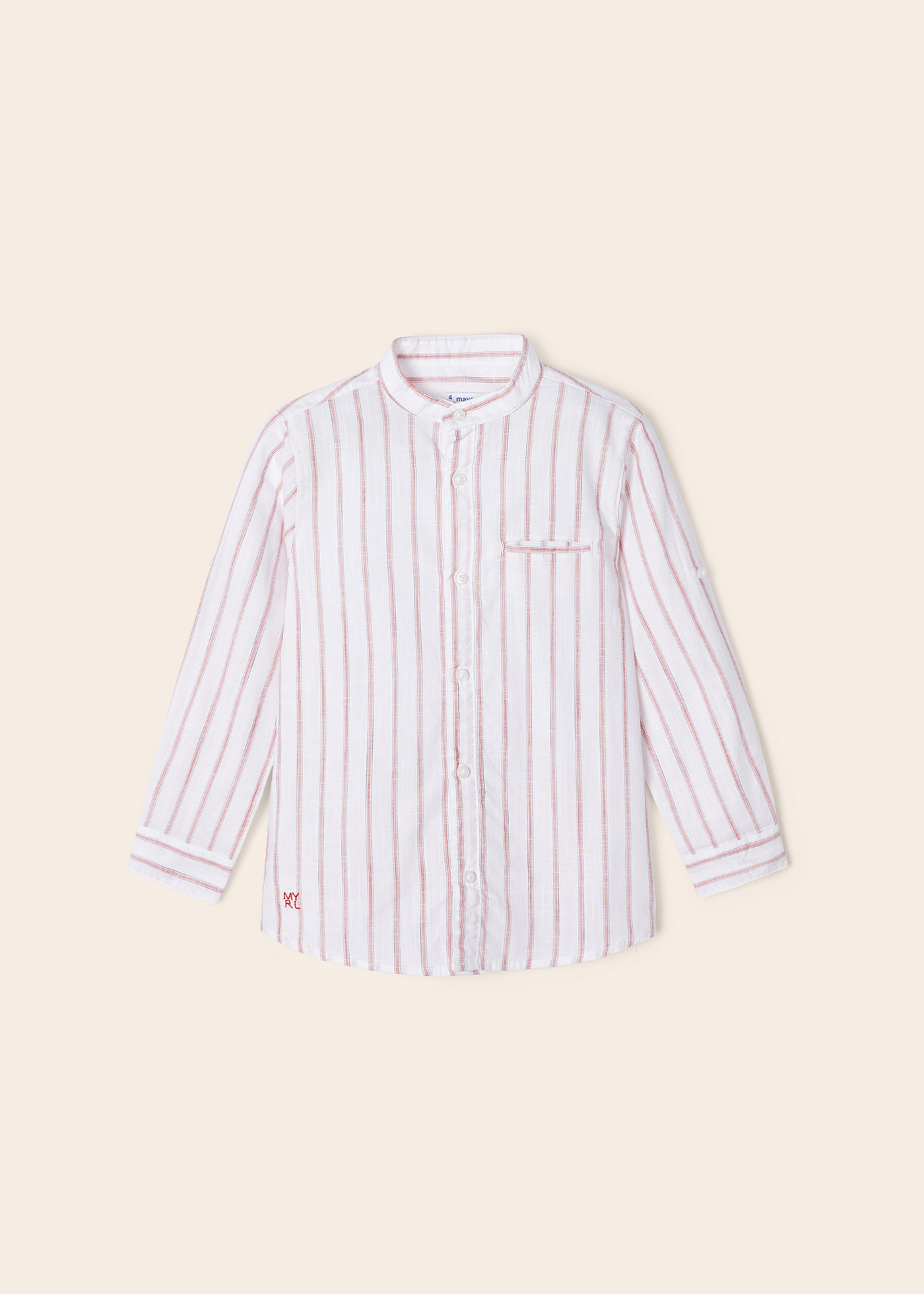 Camisa de manga comprida com gola mandarim em algodão sustentável para meninos