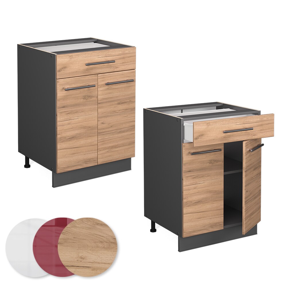 Vicco Schubunterschrank Küchenschrank Küchenmöbel Fame-Line Anthrazit Eiche modern 60 cm Küche Einbauküche Drehtür Schublade Einlegeboden Blende Küchenzeile