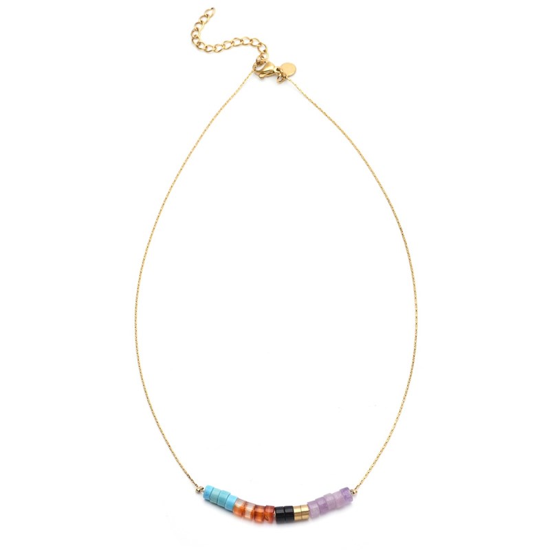 Collier Perles Heishi Pierres Naturelles Turquoise Améthyste Onyx Jaspe Rouge-38 cm