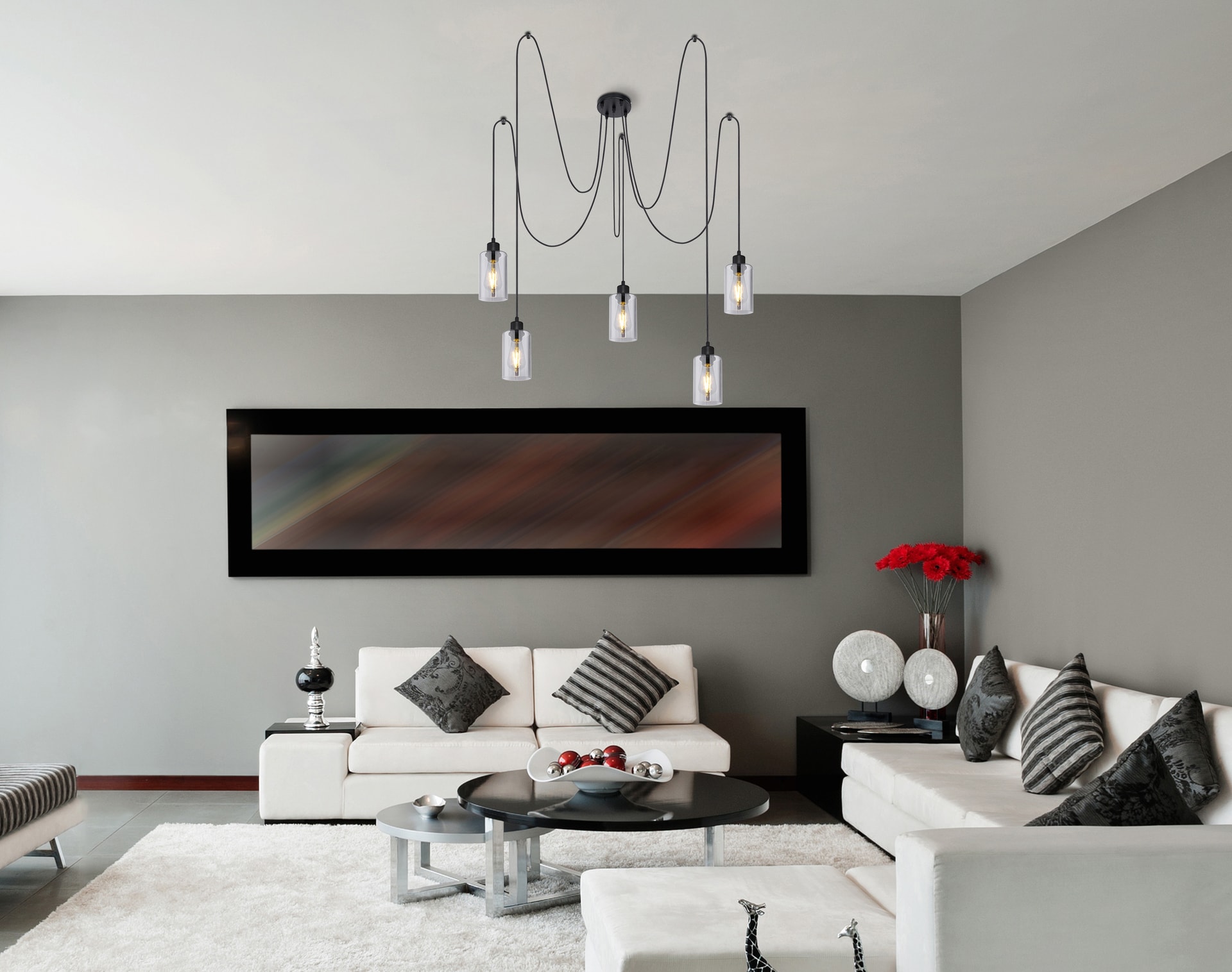 GLOBO Retrofit Pendelleuchte Adara schwarz /Rauchglas 170x170cm H50-185cm
