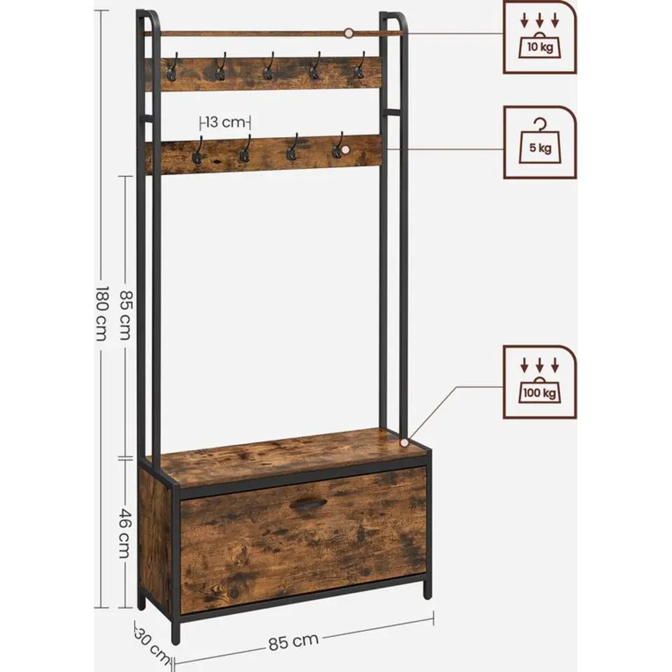 Parya home Kapstok met schoenenkast en bank - vintage bruin zwart