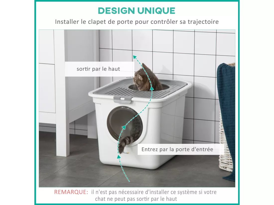 Maison de toilette litière pour chat double porte battante et supérieure - pelle incluse - blanc gris