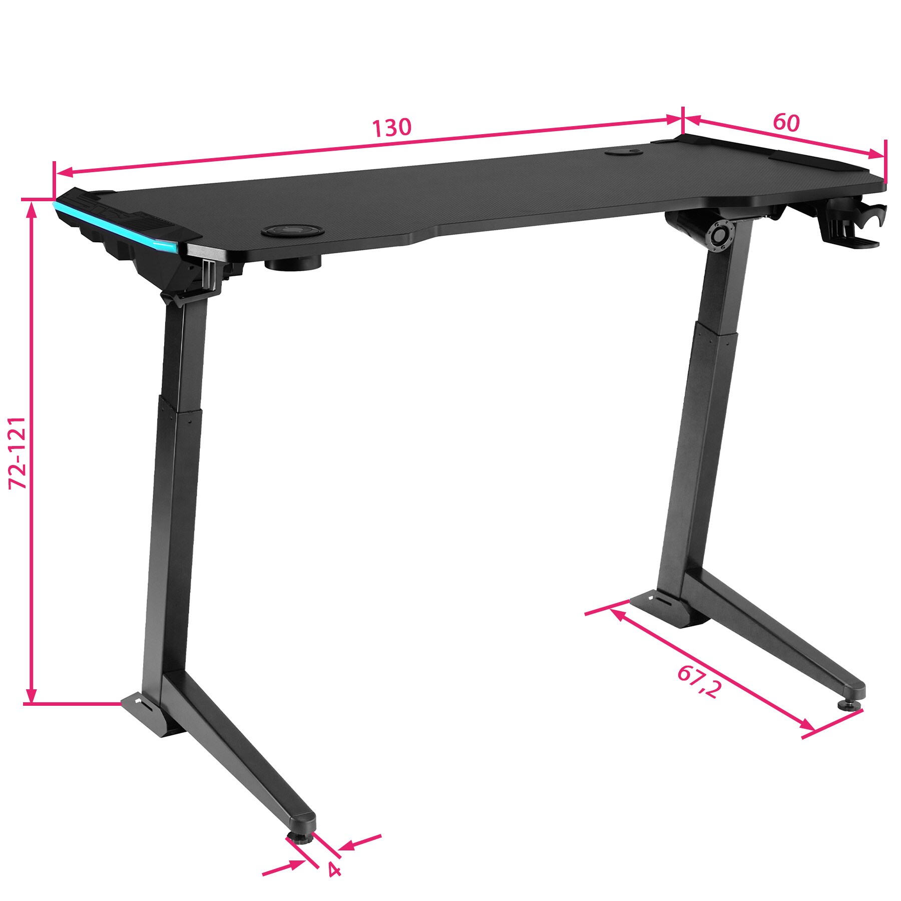 tectake® Schreibtisch, höhenverstellbar, Tischplatte in Carbon-Optik mit LED-Zierleisten, 1300 x 672 x 720 - 1210 mm