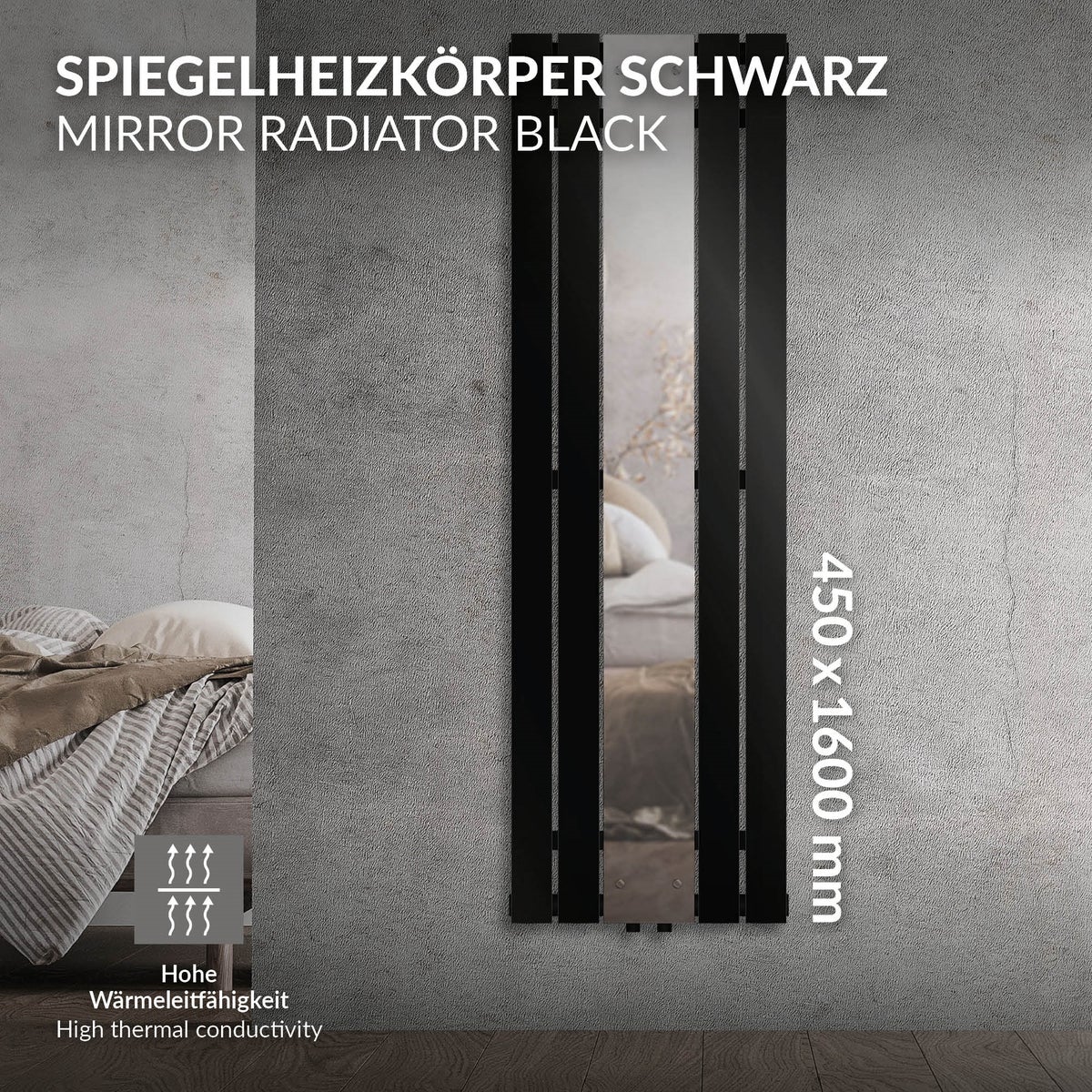 LuxeBath badkamerradiator met spiegel, 1600 x 450 mm, matzwart, designpaneelradiator, middenaansluiting, vlak, spiegelradiator, glasradiator, verticale enkellaagse vlakke radiator met montageset