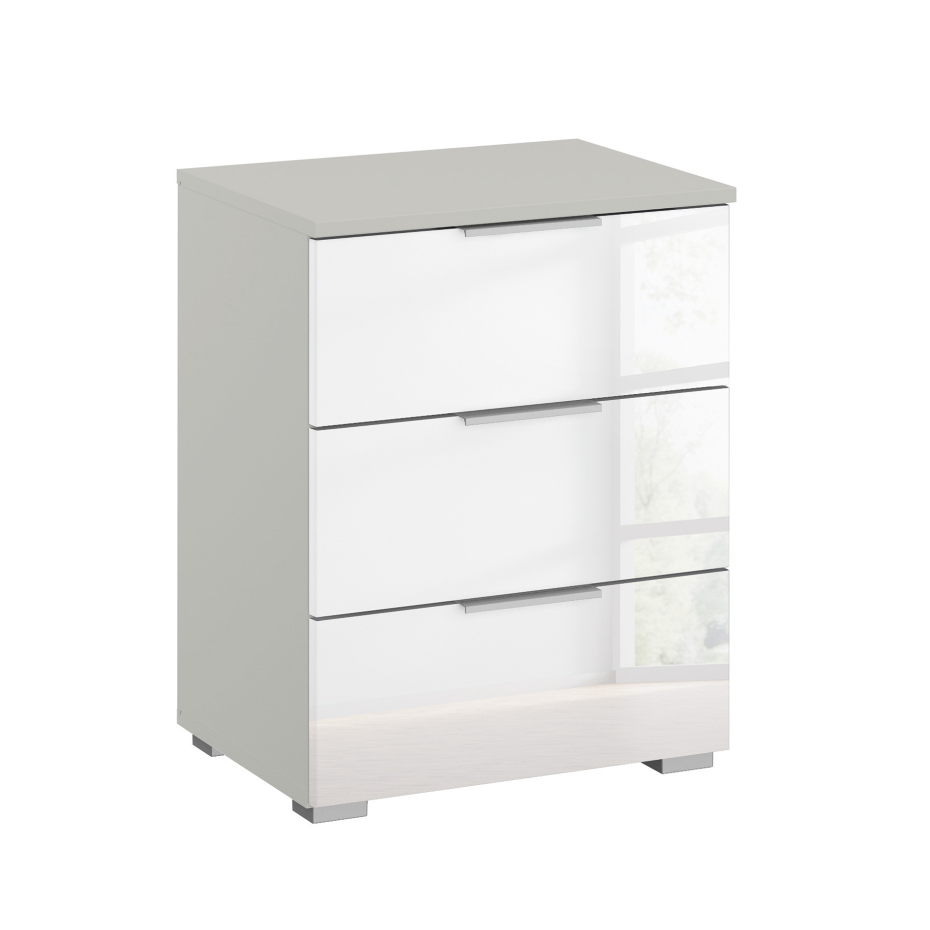Nachttisch - weiß Hochglanz-seidengrau - 3 Schubkästen - 47 cm