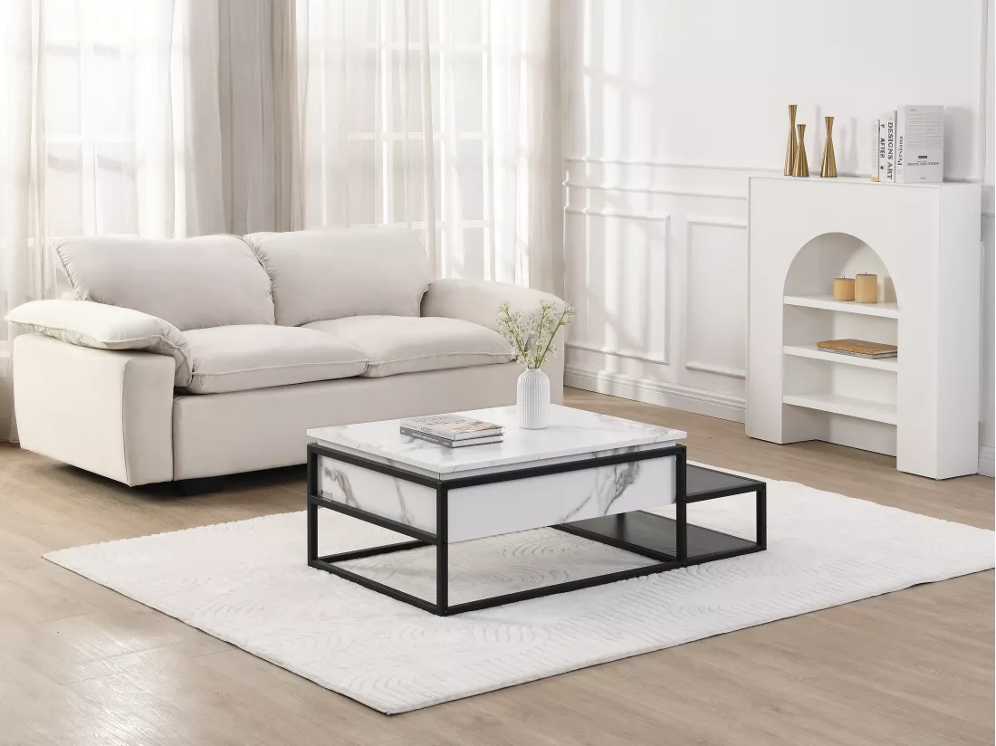 Table basse avec plateau relevable en MDF et métal - Effet marbre blanc et noir - LUTESA