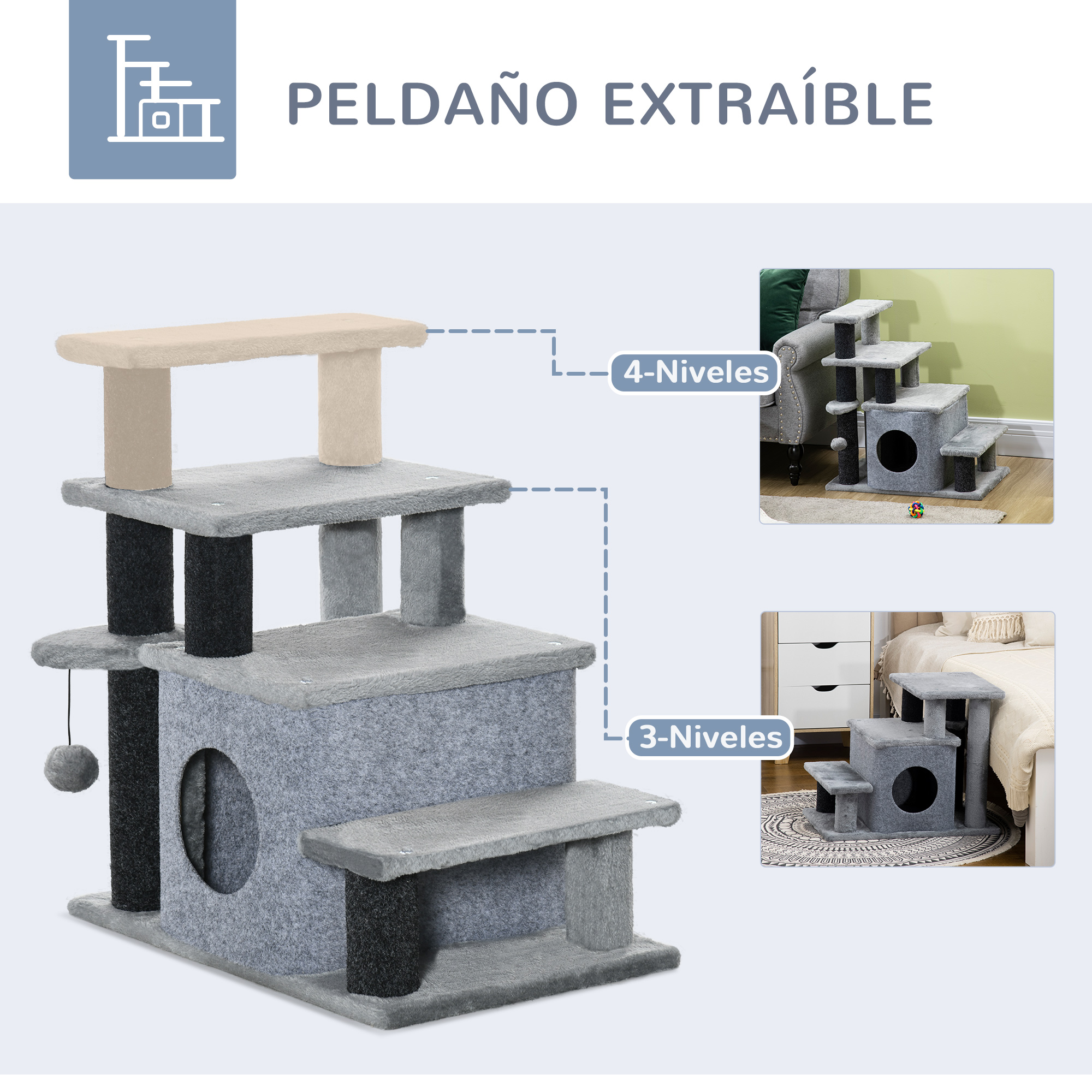 Escada para Gatos PawHut com 4 Degraus, Altura Ajustável, Casinha de Bola Suspensa e Postes para Cama/Sofá, Capacidade de Carga de 10kg, 60x40x66cm, Cinza