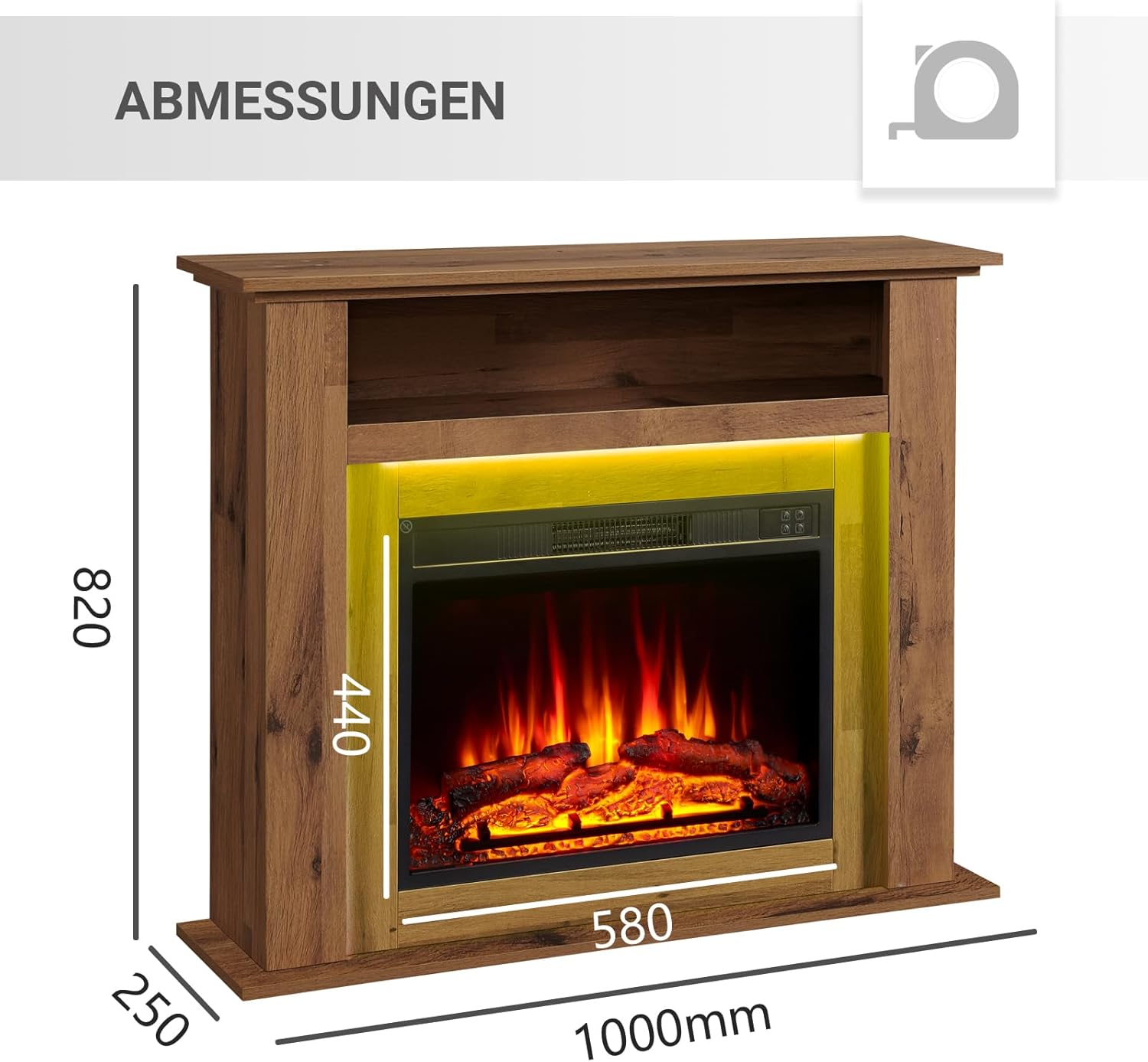 Elektrokamin BALDERIA Liora - Elektrischer Standkamin mit Ablagefach, 3D-Flammeneffekt, LED-Ambientebeleuchtung, Heizung 2000W, Timer, Thermostat, Fernbedienung - Dunkle Eiche
