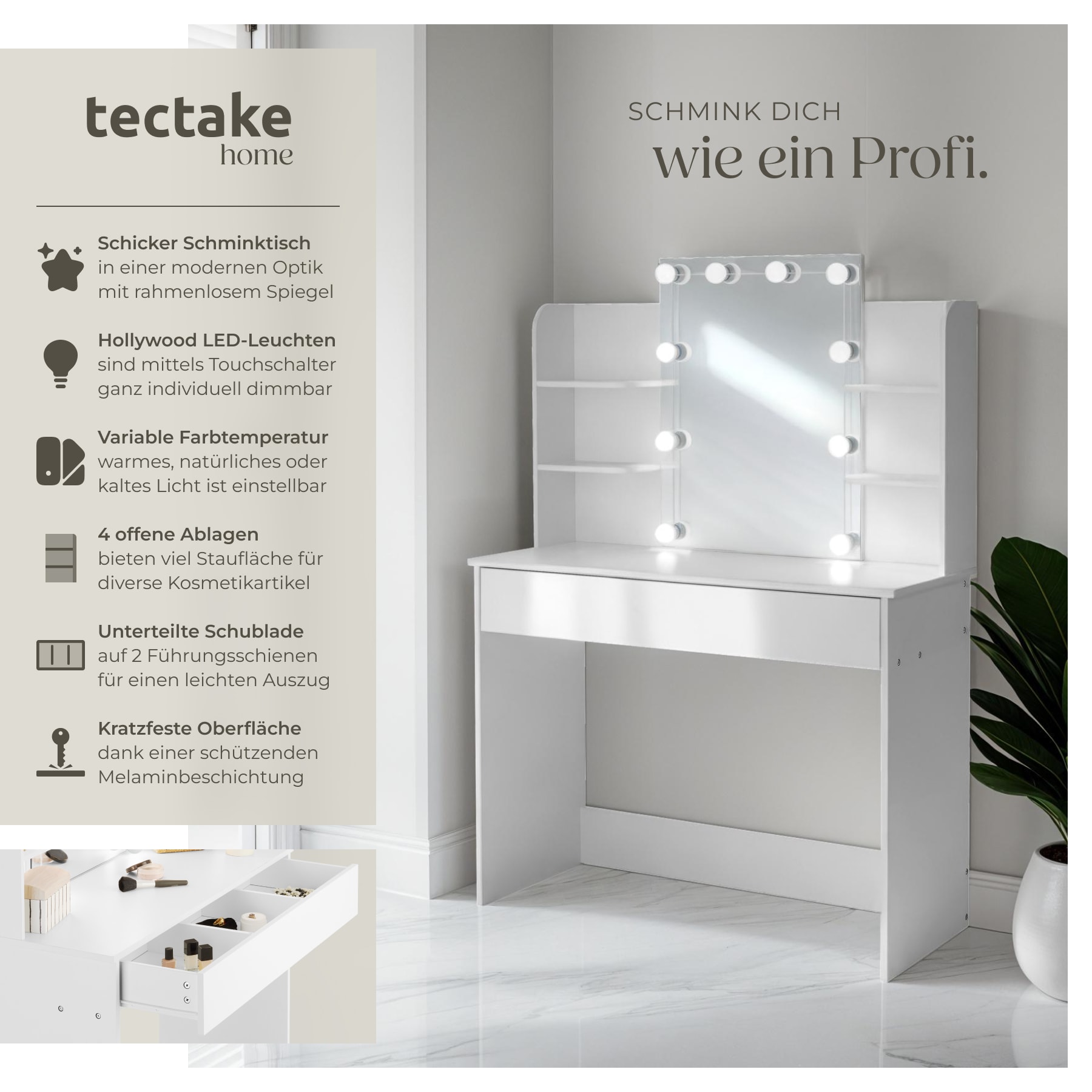 tectake® Schminktisch, mit Hollywood Spiegel, 4 offene Ablagen, Schublade mit 3 Fächern, 100 x 40 x 140,5