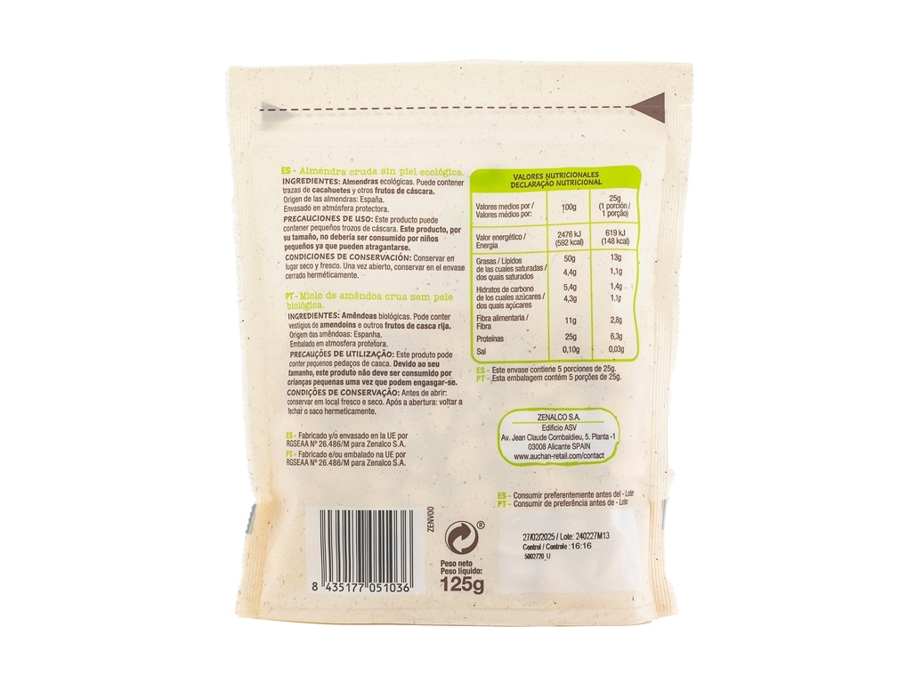 AMÊNDOAS AUCHAN BIO SEM PELE 125G