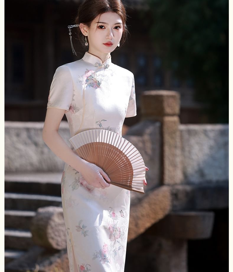 Catamin - Traditionele Chinese korte mouwen, staande kraag, bloemenprint, satijnen midi-mantel, qipao