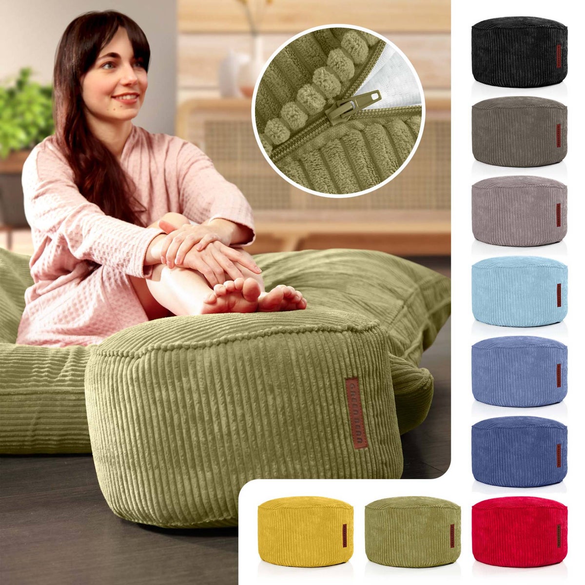 Groene bonen poef kussen 45x25cm met EPS kralen vulling & corduroy stof vloerkussen ligstoel kussen zitkussen poef fauteuil kinderen volwassenen stoffen kruk opbergruimte groen