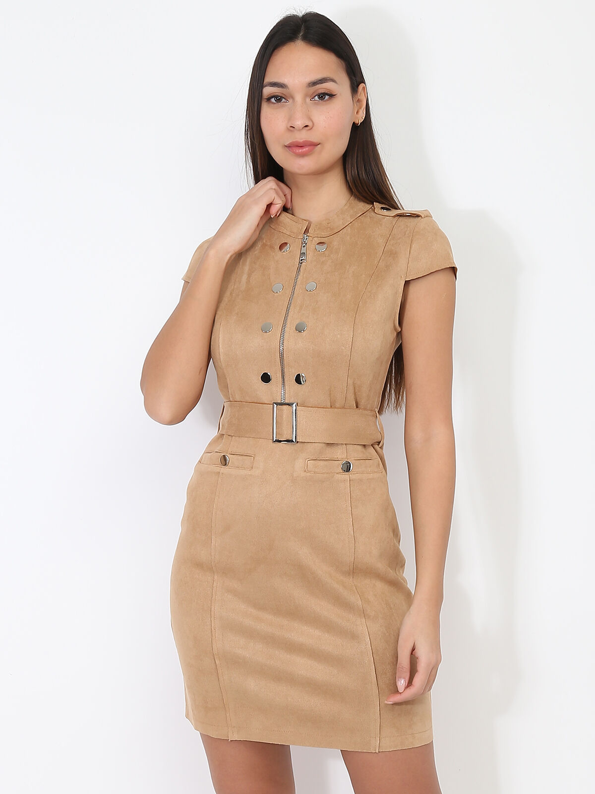 Robe en suédine à zip et ceinture- Camel