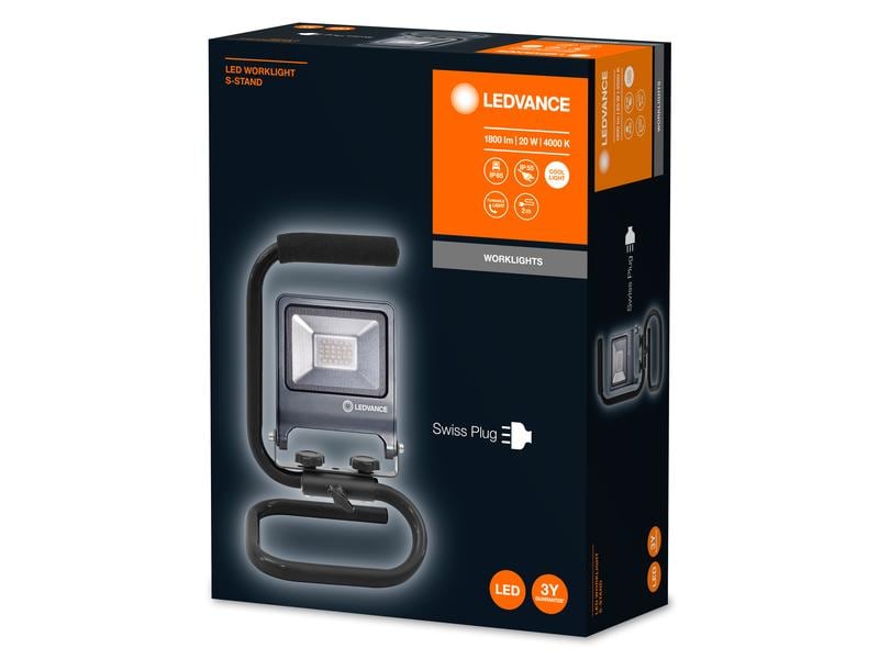 Ledvance Scheinwerfer Worklight S-Stand CH Plug, 20 W, 4000 Flexibles, tragbares Arbeitslicht mit Stecker-Typ J (SEV 1011)