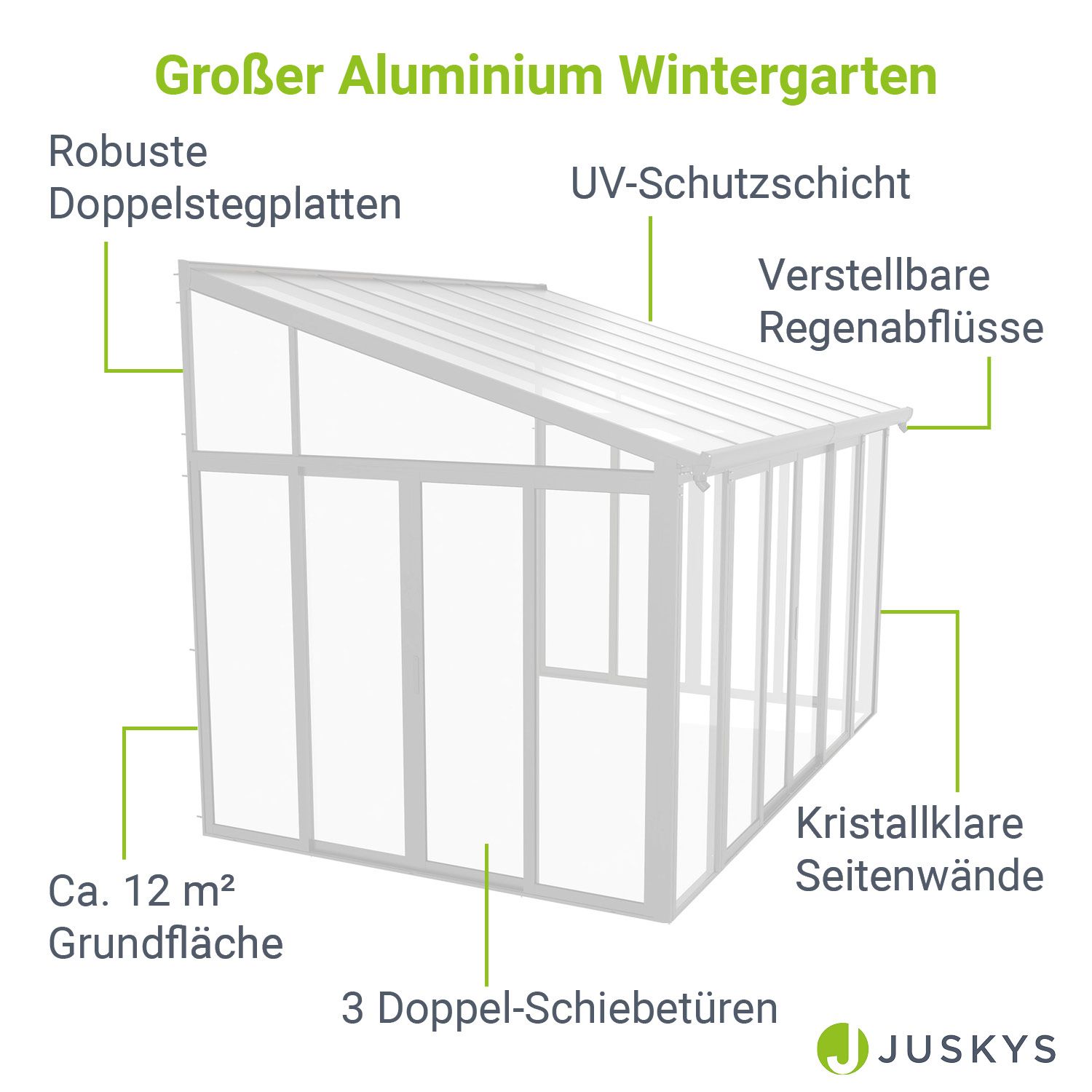 Juskys Wintergarten 12 m² in Weiß mit Schiebetüren - UV-Schutz, wasserdicht & winterfest