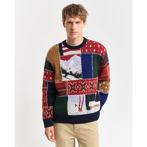 GANT Patchwork Crewneck Sweater, Dark Navy Melange, XL