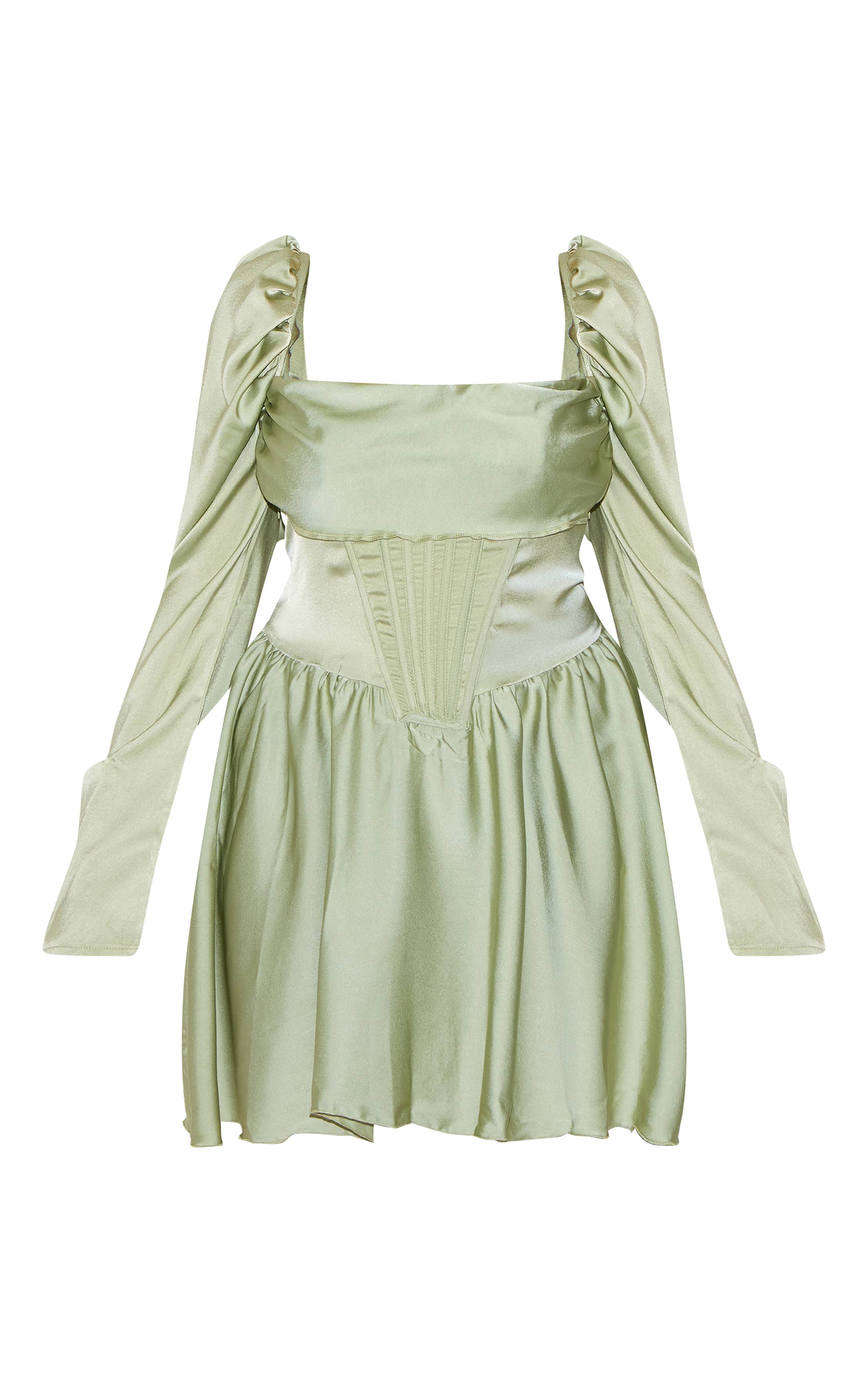 Vert Sauge Robe Droite Bouffante Grande Taille En Satin Avec Détail Corset
