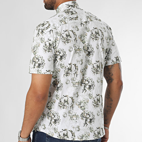 Chemise Manches Courtes Blanc Vert Kaki Floral