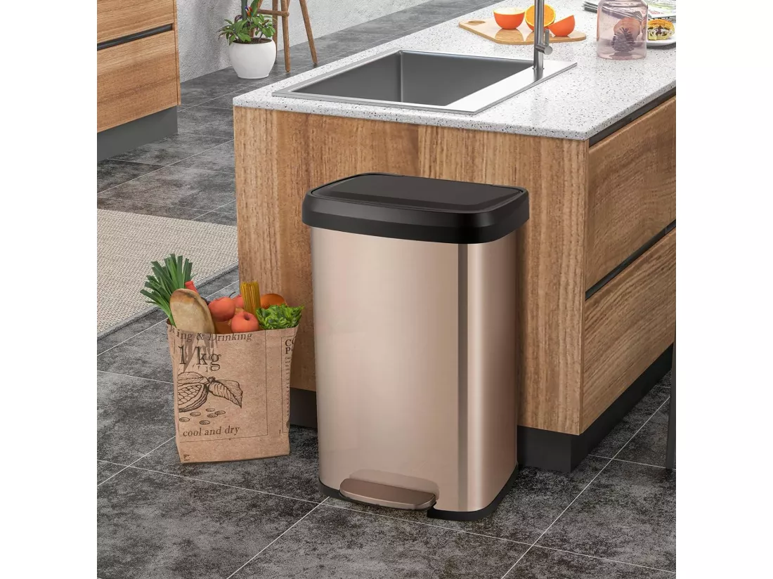 Poubelle Cuisine 50 Litres en Acier Métal, Poubelle Rectangulaire Pédale Amortisseur, Casier Désodorisant, Couvercle Fermeture Douce, Anti-Empreintes, pour Bureau, Salle de Bain (Or rose)
