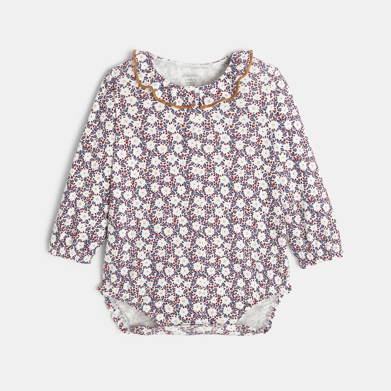 Body coton fleuri col à volants rose naissance