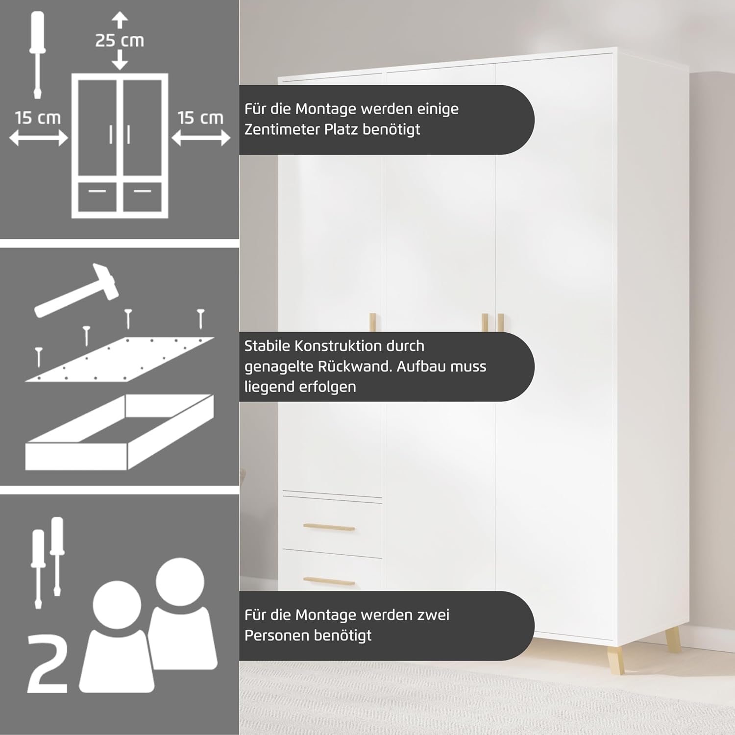 Rauch Möbel Shinjo Kleiderschrank für Schlafzimmer, Kinderzimmer, Babyzimmer, 3-türig, 2 Schubladen mit Zubehör Classic, Griffe und Füße aus Massivholz, Farbe Grau metallic, Schwarz, 140x203x53cm