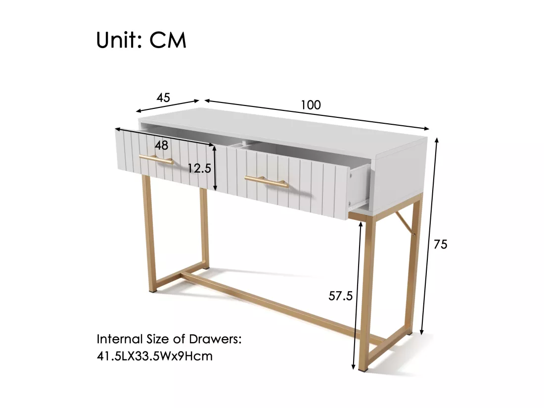 Coiffeuse Moderne avec 2 tiroirs, 75 cm, Commode pour Chambre à coucher, Meuble blanc avec Pieds en Métal, Haut de gamme - H75/B100/T45 cm