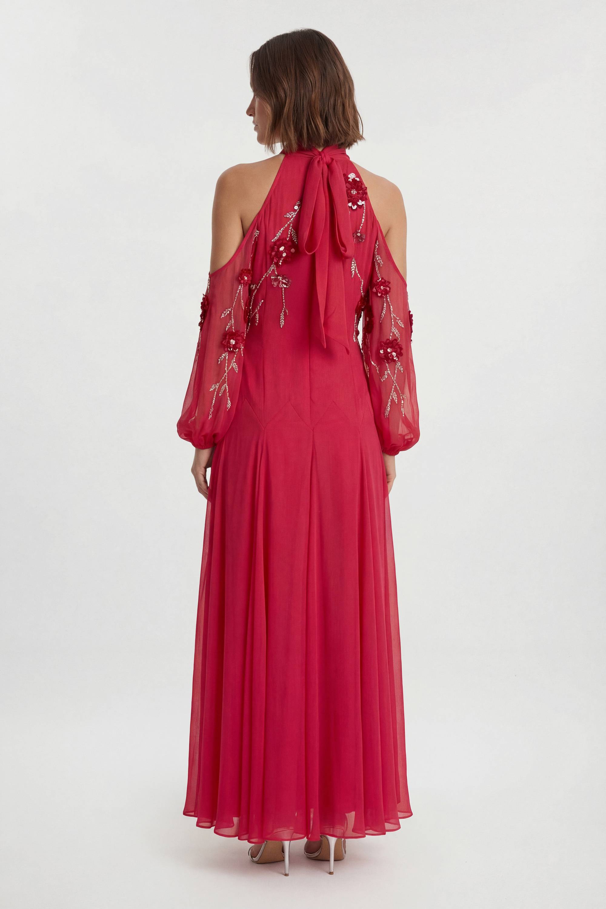 KarenMillen Cold Shoulder 3D Floral Applique Woven Maxi Dress