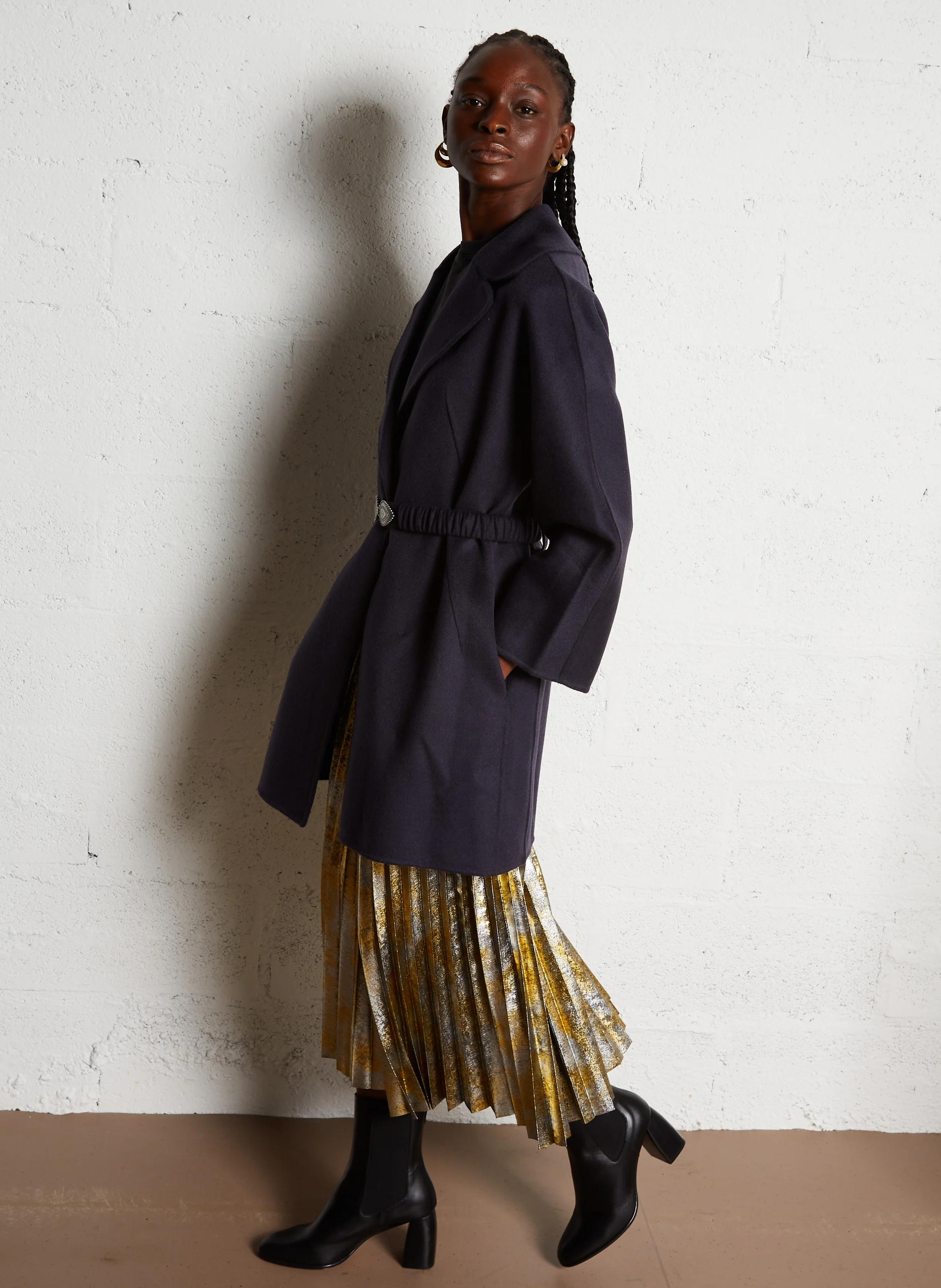 KARA - Manteau droit col tailleur en laine mélangée | Bleu