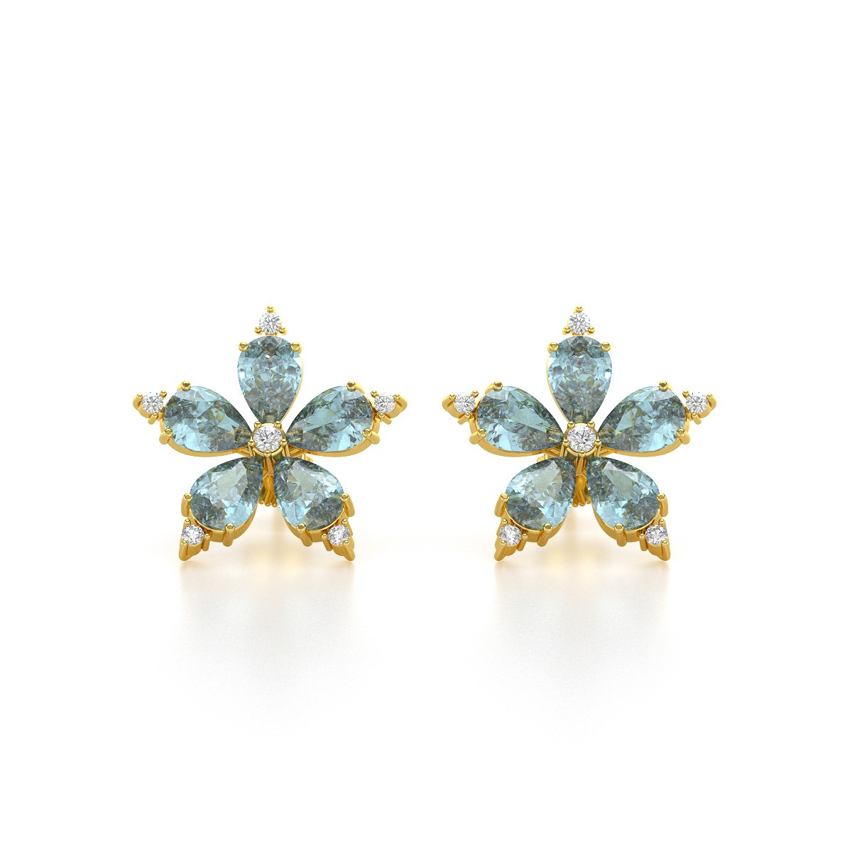 Boucles d'oreilles ADEN Or 585 Jaune Fleur Aigue-Marine et Diamants 4.52grs