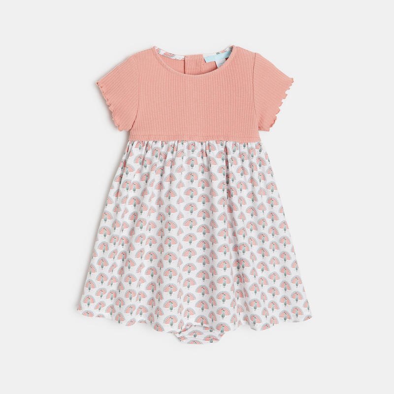 Robe bi-matière imprimée paons rose bébé fille Rose