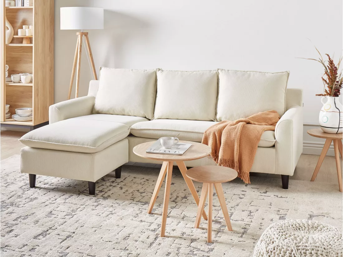 Canapé d'Angle Moderne à gauche Pieds en Bois Massif Assise Polyester Tissu Beige Elvenes
